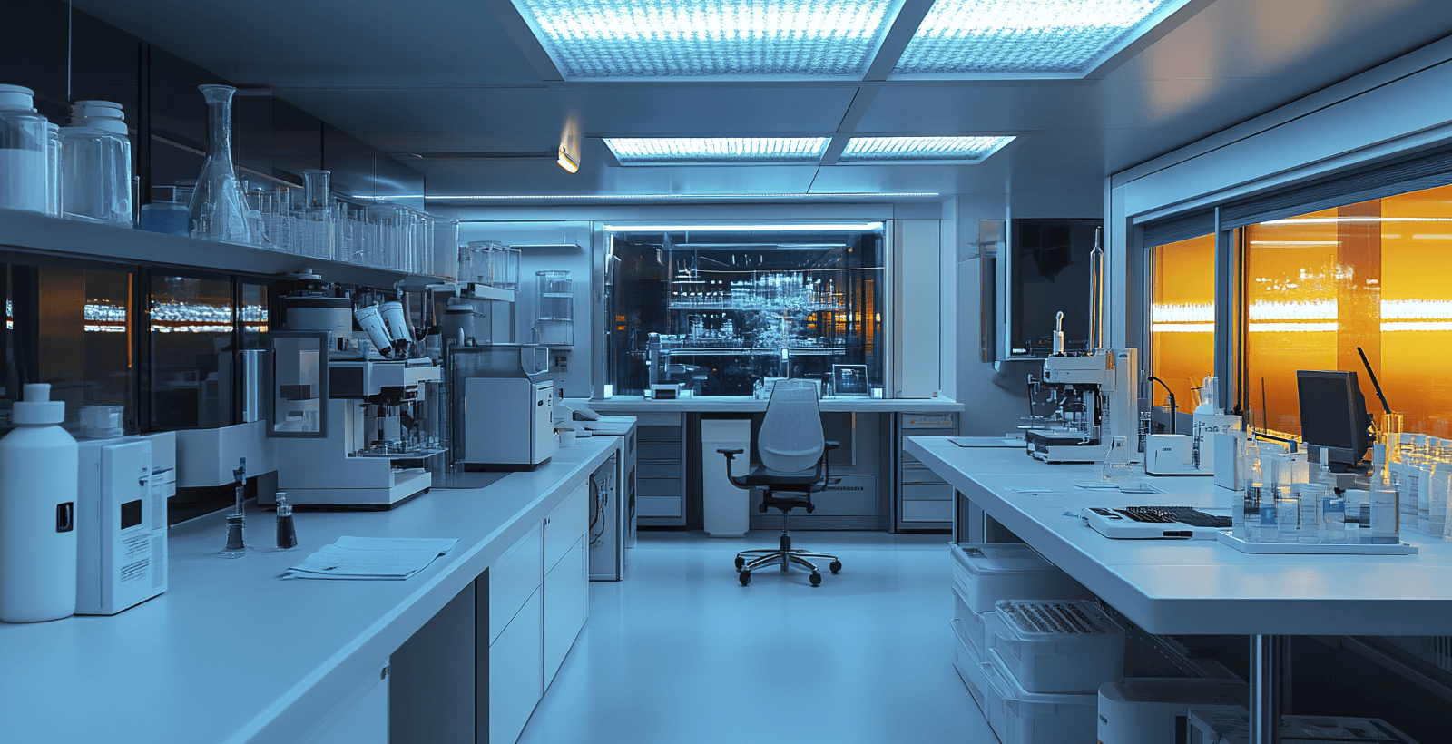 photo of a laboratory workbench with equipment across the table including beakers, microscope, and computer. There is a glow from lab light to the right side