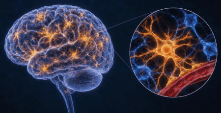 Illustration of a translucent blue human brain with glowing orange astrocytes scattered across it, and a circular inset magnifying one astrocyte as it extends branches toward neurons and a red blood vessel.